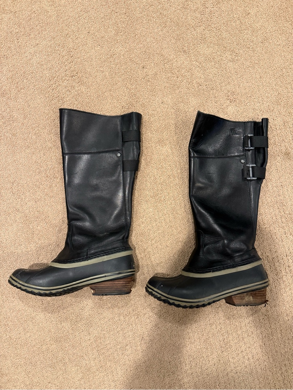 Sorel Black Leather Knee-High Rain Boots with Gray Trim